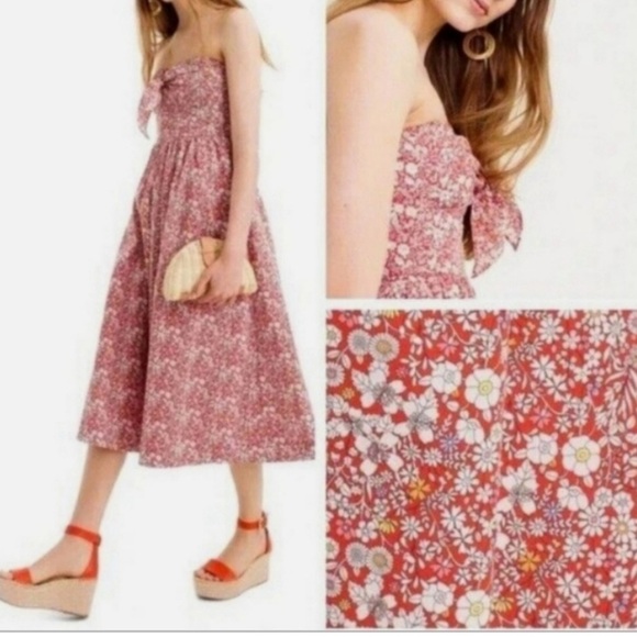 J.CREW•Liberty red floral cherry garbo tie front strapless cotton dress 8 EUC - Picture 3 of 8